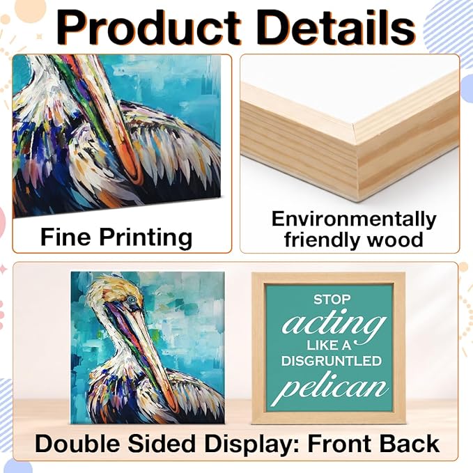 Inspirational Office Desk Decor - Gift for Coworker - Stop Acting Like a Disgruntled Pelican Greek Quote Wood Box Sign for Farmhouse Home Office Desk Shelf Decor（Double-sided）