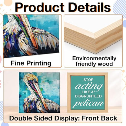 Inspirational Office Desk Decor - Gift for Coworker - Stop Acting Like a Disgruntled Pelican Greek Quote Wood Box Sign for Farmhouse Home Office Desk Shelf Decor（Double-sided）