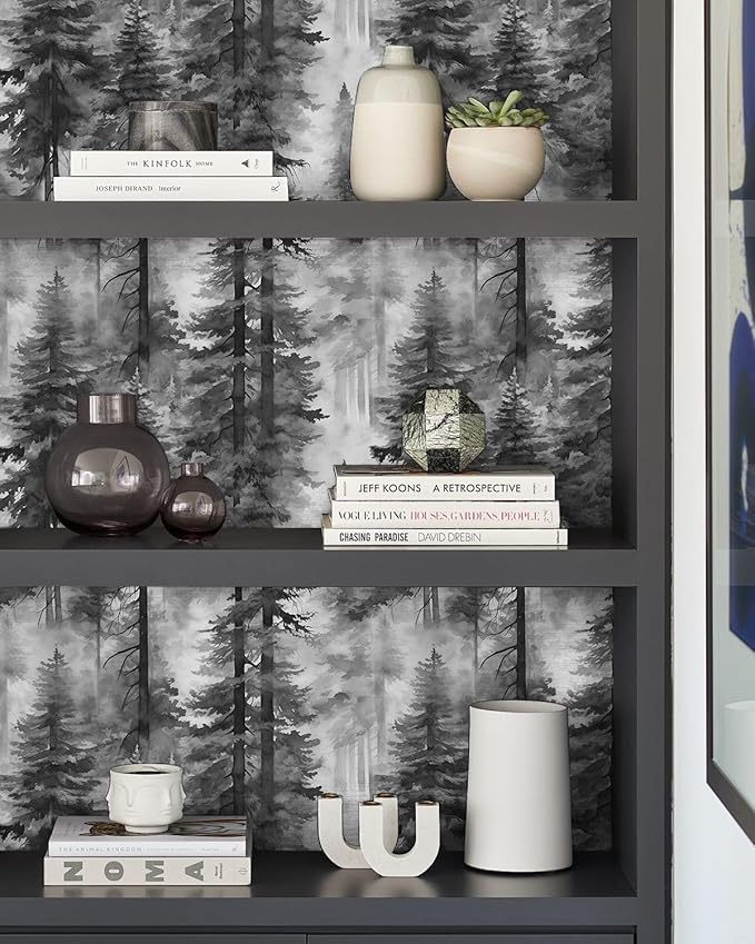 HAOKHOME Forest Peel and Stick Wallpaper Black and White Removable Vinyl Wall Mural for Bathroom Bedroom Accent Wall Self Adhesive Tree Contact Paper 17.3in x 118in