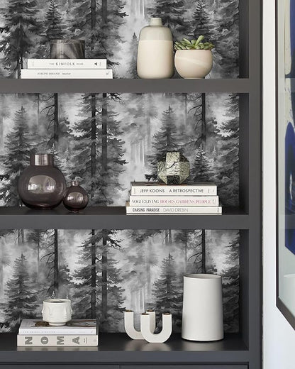 HAOKHOME Forest Peel and Stick Wallpaper Black and White Removable Vinyl Wall Mural for Bathroom Bedroom Accent Wall Self Adhesive Tree Contact Paper 17.3in x 118in