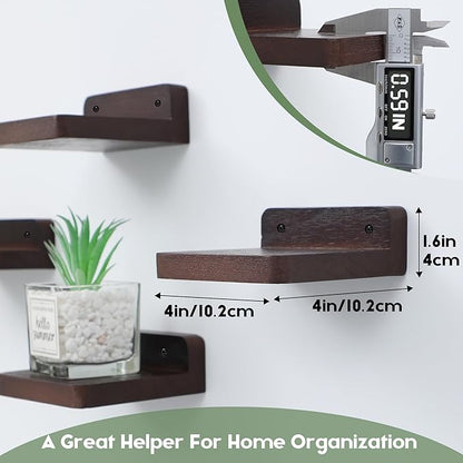 Small Floating Shelf, 4x4 Inch Display Ledges for Wall,Mini Shelves,Rustic Wood Shelf for Bedroom Living Room Bathroom Kitchen (8, Dark Walnut)