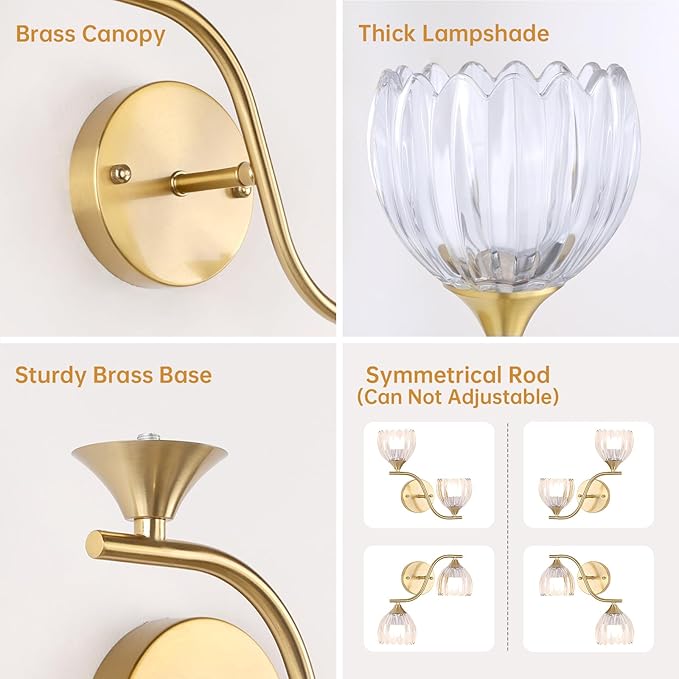 Battery Operated Wall Sconce, 2-Lights Vinatge Brass Wall Lighting with Clear Tluip Shade Rechargeable Bulb with Remote for Living Room, Bedroom，Symmetrical 2 Pack
