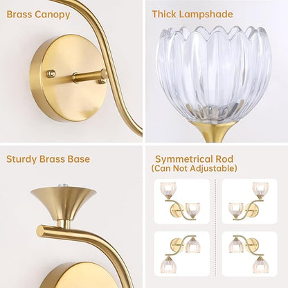 Battery Operated Wall Sconce, 2-Lights Vinatge Brass Wall Lighting with Clear Tluip Shade Rechargeable Bulb with Remote for Living Room, Bedroom，Symmetrical 2 Pack