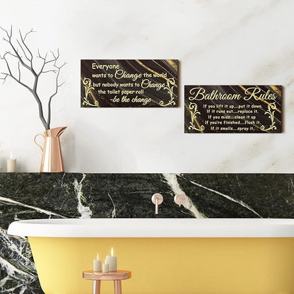 Jetec 2 Pieces Funny Bathroom Signs Bathroom Wall Decor Toilet Wall Accessories Farmhouse Toilet Rustic Wooden Signs, 12x6 Inch(Cool Style)
