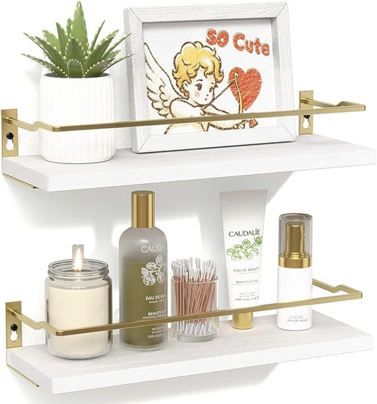 RICHER HOUSE Bathroom Shelves, Small Floating Wall Shelf for Bathroom Decor, Wall Mounted Wood Shelves, Bathroom Organizer Over Toilet Storage, Guard-Rail Kitchen Shelves Set of 2 - White Gold