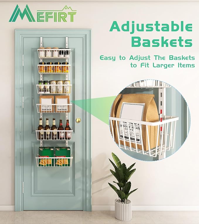 12 Inch Wide Narrow Over The Door Pantry Organizer, Pantry Organization and Storage, 6-Tier Metal Hanging Deep Basket Wall Spice Rack Seasoning Shelves, Home & Kitchen Essentials, White