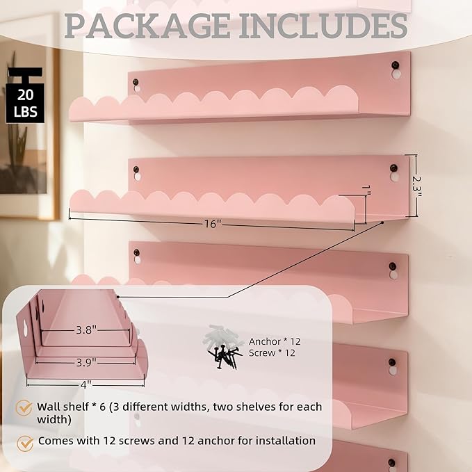 Nursery Book Shelves Set of 6, Pink Metal Floating Shelves for Wall, 16 Inch Scalloped Book Shelf for Kids Room, Bathroom, Bedroom, Playroom Wall Decor & Storage