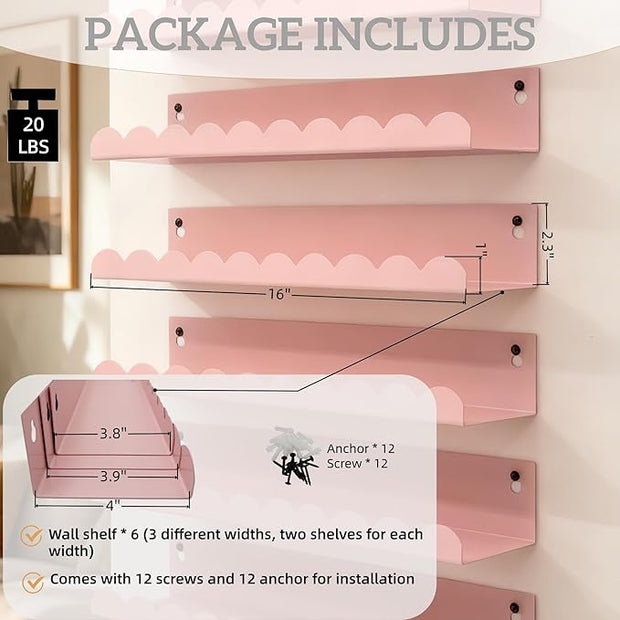 Nursery Book Shelves Set of 6, Pink Metal Floating Shelves for Wall, 16 Inch Scalloped Book Shelf for Kids Room, Bathroom, Bedroom, Playroom Wall Decor & Storage