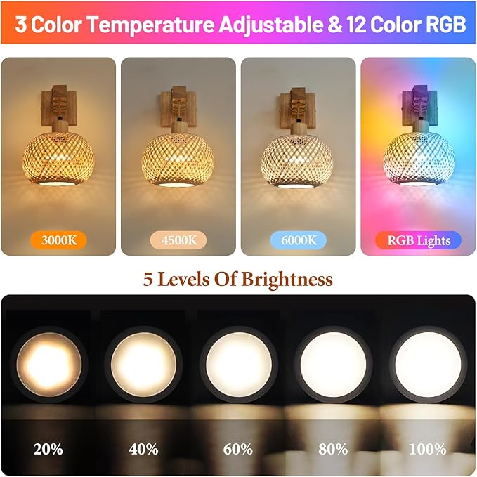 Battery Operated Wall Sconce Set of Two, Bamboo Solid Rubber Wood Wall Sconces with Remote RGB 15 Colors Dimmable, Farmhouse Boho Wall Lights for Bedroom Living Room Entryway