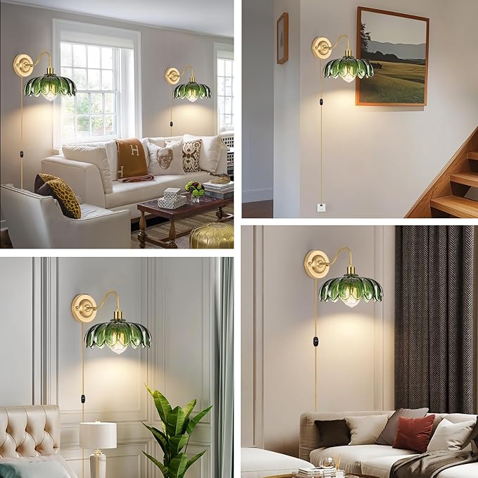 Vintage Plug in Wall Sconces Set of Two,Dimmable Wall Sconces Lamp with Plug in Cord & Flower Glass Lampshade,Gold Sconces Wall Decor Set of 2 Plug in Wall Lights Sconces for Bedroom