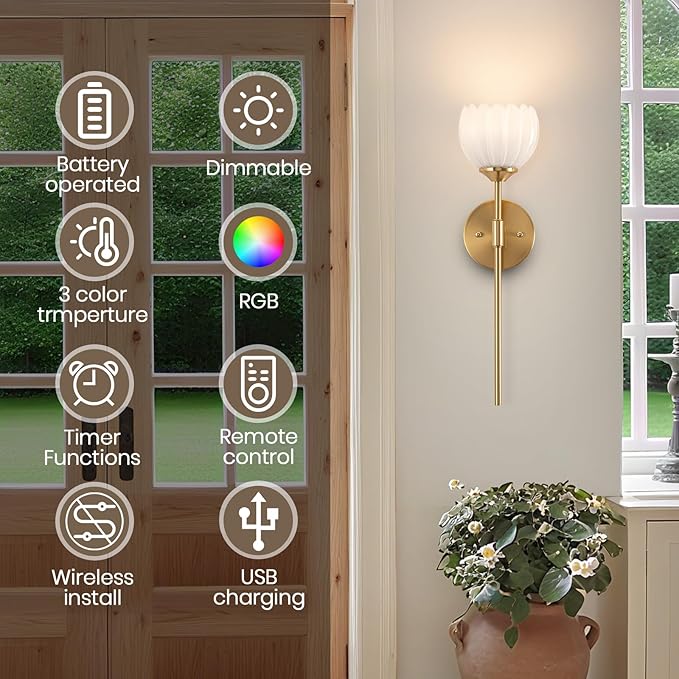 Vintage Battery Operated Wall Sconce Set of 2, Wall Lights with RGB Dimmable Bulbs and Remote,Rechargeable LED Wireless Wall Lamps for Living Room Hallway Bedroom