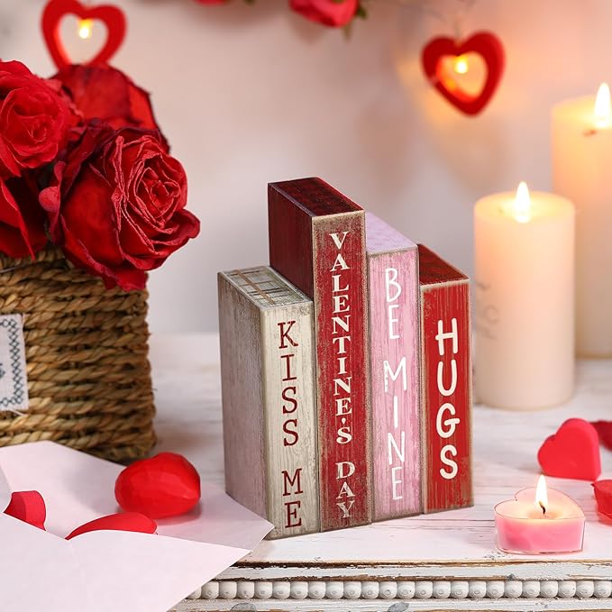 4 Pcs Valentines Day Decoration Wooden Book Valentine's Day Table Decoration Pink Red and White Valentines Tiered Tray Decor Wood Book Sign Farmhouse for Wedding Home Shelf Coffee Table