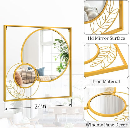 Gold Wall Mounted Mirror Set, Golden Metal Framed Square Mirror Modern Art Mirrors for Bedroom Living Room Bathroom 24x24 Inch Decor