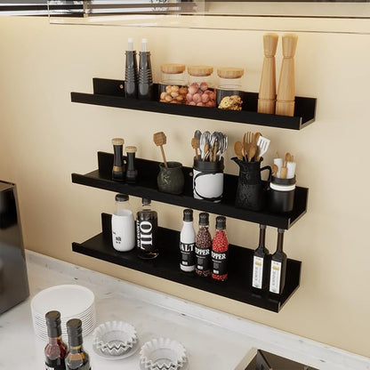 Giftgarden 24 Inch Black Floating Shelves Wall Mounted Woodgrain Picture Ledge Shelf for Storage Bedroom Bathroom Kitchen Living Room Office, Set of 3 Different Sizes