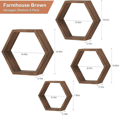 Hexagon Floating Shelves Set of 8 Wood Hexagonal Shelves Brown Wall Decor and Storage Racks for Living Room Floating Honeycomb Plants Shelf Farmhouse Wall Hexagon Hanging Shelf for Bedroom Home