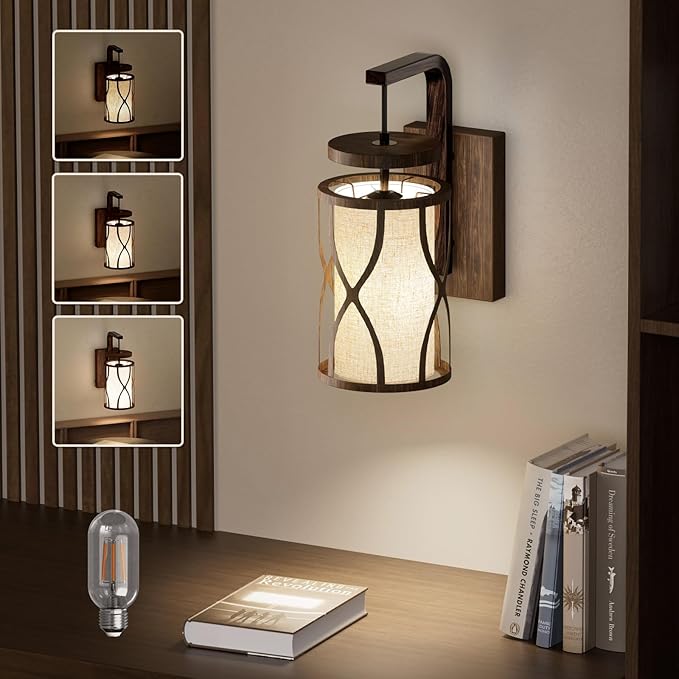 N10-1 Farmhouse Wall Sconces Dimmable Hanging Plug in Wall Lamp Linen Lampshade Metal Base Rustic Hardwired Wall Lighting Sconce Lights for Bedroom Bedside Living Room (Bulb Included)