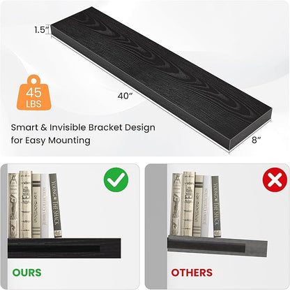 Floating Shelves for Wall, 40" W x 8" D x 1.5" H, Wooden Wall Mounted Display Shelves with Invisible Brackets for Living Room, Bedroom, Bathroom, Kitchen Decor and Storage, Set of 2, Black