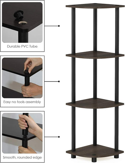 Furinno TURN-N-TUBE Corner Shelf, 4-Tier Corner Bookshelf, Display Storage Shelves with Open Shelves, for Organization and Storage, Living Room, Home Office, Garage, Dark Brown Grain