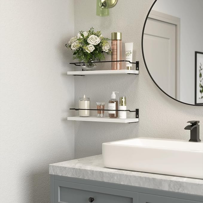 RICHER HOUSE White Bathroom Shelves, Small Floating Wall Mounted Shelf for Bathroom Decor, Guard-Rail Wood Shelving Organizer Over Toilet Kitchen Storage Shelves Set of 2 - White