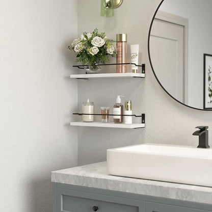 RICHER HOUSE White Bathroom Shelves, Small Floating Wall Mounted Shelf for Bathroom Decor, Guard-Rail Wood Shelving Organizer Over Toilet Kitchen Storage Shelves Set of 2 - White