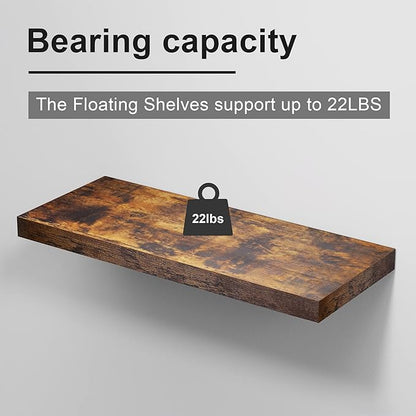 INHABIT UNION Rustic Brown Floating Shelves for Wall，24in Wall Mounted Display Ledge Shelves Perfect for Bedroom, Bathroom, Living Room and Kitchen Decoration Storage (Rustic Brown, Set of 2)