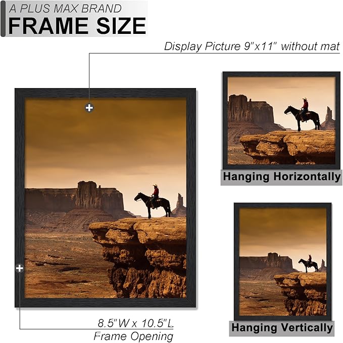 A PLUS MAX 9x11 Picture Frame Set of 6, Black Engineered Wood Frame for 9 x 11 Inch Picture Poster Photo, Light Weight 9 by 11 Frame with Wood-grain for Wall - 6 Pack/Black/9"x11"
