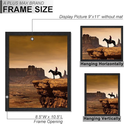 A PLUS MAX 9x11 Picture Frame Set of 2, Black Engineered Wood Frame for 9 x 11 Inch Picture Poster Photo, Light Weight 9 by 11 Frame with Wood-grain for Wall - 2 Pack/Black/9"x11"