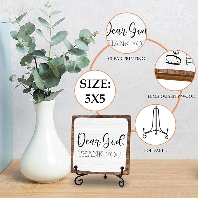 Rustic 'Dear God Thank You' Wooden Plaque - Christian Decor with Iron Stand - Simple Prayer Sign for Home Church Office Fireplace Coffee Table Decor - Inspirational Gift for Thanksgiving & Holidays