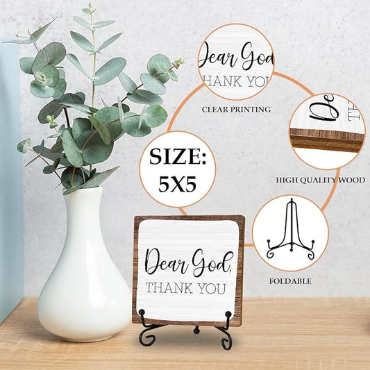 Rustic 'Dear God Thank You' Wooden Plaque - Christian Decor with Iron Stand - Simple Prayer Sign for Home Church Office Fireplace Coffee Table Decor - Inspirational Gift for Thanksgiving & Holidays