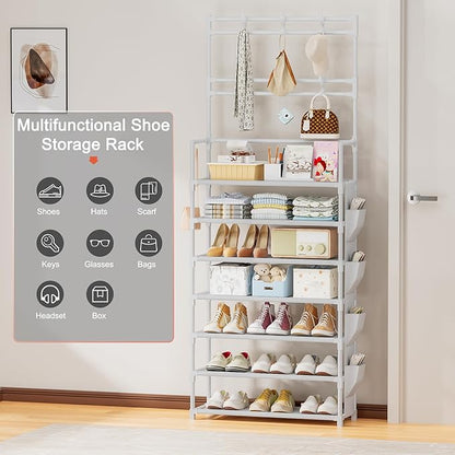 Shoe Rack 7 Tier Shoe Organizer Storage 21-28 Pairs Closet Shoes Rack for Front Door Entrance Shoe Rack Organizer with Hooks Side Pocket Entryway Large Capacity Shoe Shelf Tower Garage