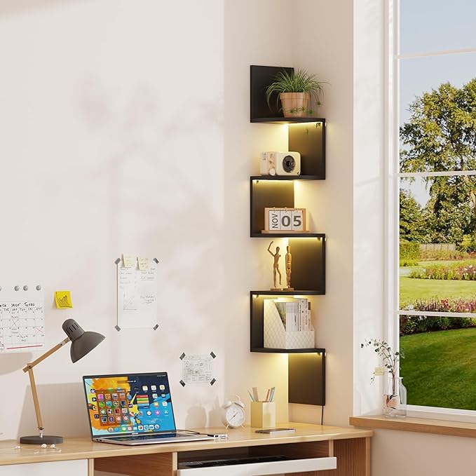 Corner Shelf Wall Mount with LED Light, 5 Tier Floating Corner Bookshelf, Plant Shelf for Bedroom, Floating Shelves for Wall, Display Stand for Living Room, Bathroom, Home Office, Black