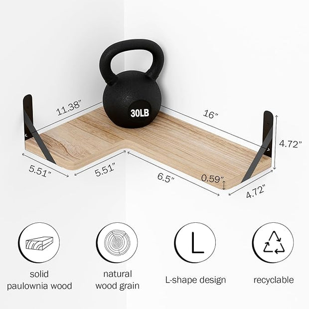 Muzilife Corner Floating Shelves Wooden Floating Shelves Set of 4, Wall Mounted for Storage, L-Shaped Wall Decor Organizer for Bedroom, Bathroom, Kitchen, Living Room and Office, Natural Wood