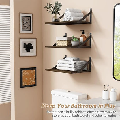 Forbena 12 Inch Deep Floating Shelves for Wall Set of 3, Wooden Wall Bookshelf for Bedroom Books, Rustic Wood Hanging Bookshelves for Bathroom Living Room Office Storage (Dark Brown)