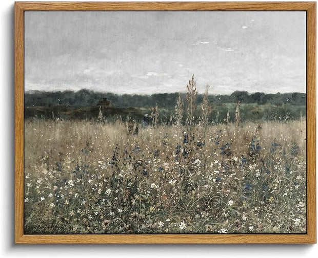 OIQArtOIQ Vintage Framed Wall Art Wildflower Field Meadow Canvas Art Prints Rustic Farmhouse Landscape Pictures Wall Decor Modern Cottagecore Paintings Artwork For Bedroom Bathroom Office Living Room