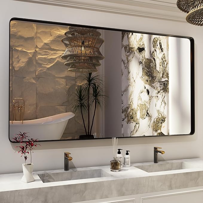 ISKM Large Black Framed Mirror for Bathroom 72" x 36" Wall Mounted Mirror Black Metal Framed Bathroom Mirror for Wall Round Corner (Horizontal/Vertical)