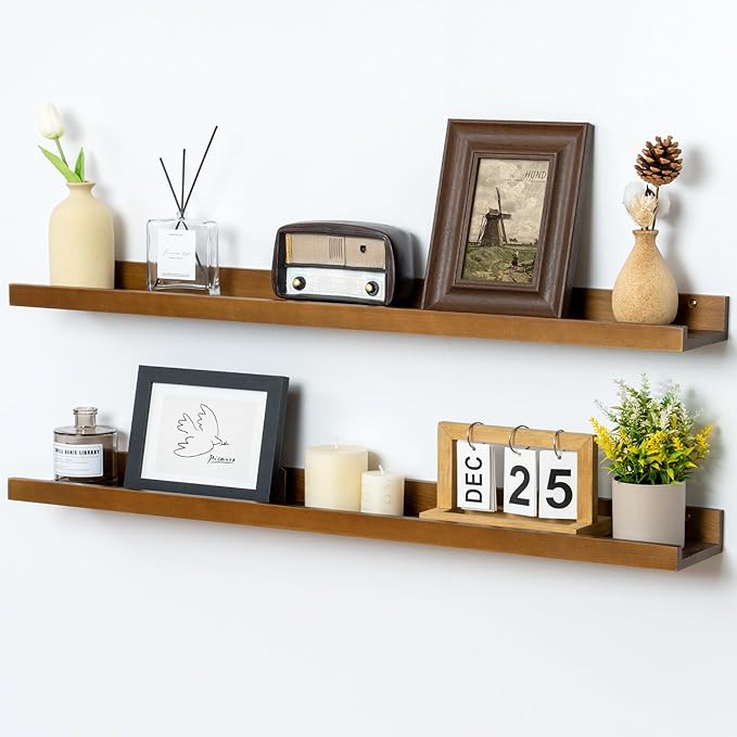 Picture Ledge Shelf for Wall, 36 inch Solid Ash Wood Nursery Book Shelves 2 Packs, Floating Shelves for Kids' Room Bedroom Bathroom Living Room Photo Frames Office Nursey Wall Decor, Walnut