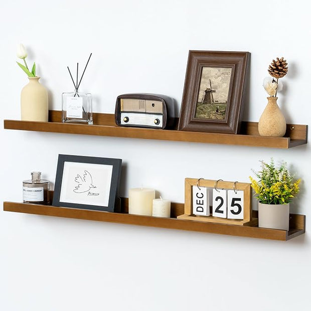 Picture Ledge Shelf for Wall, 36 inch Solid Ash Wood Nursery Book Shelves 2 Packs, Floating Shelves for Kids' Room Bedroom Bathroom Living Room Photo Frames Office Nursey Wall Decor, Walnut