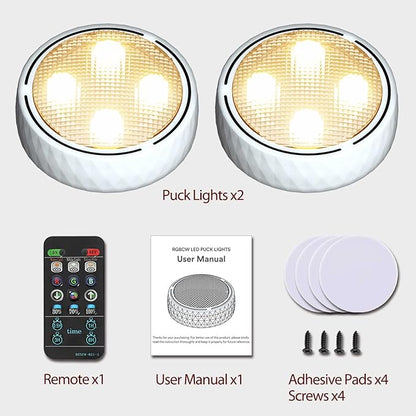 Onumii Puck Lights with Remote Battery Operated ED Under Cabinet Lighting Wireless Stick on Color Changing Timer Tap Lights for Cabinets Shelves Closets Display Case - 2Pack White