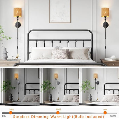 Rattan Plug in Wall Sconces Set of 2, Dimmable Vintage Black Wall Light with Dimmer Switch 6.5ft Electric Cord Wall Lamp for Bedroom Bedside Living Room ﻿