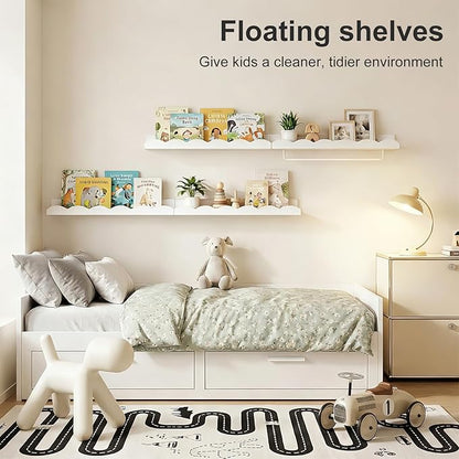 Fixwal Nursery Shelves, 16.5 Inch Floating Bookshelves for Wall Set of 4, Scalloped Wall Book Shelves with Towel Rack for Kids, Toddler Room, Baby Room, Nursery Decor and Storage(White)
