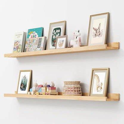 Picture Ledge Shelf, Floating Shelves Set of 2, Solid Ash Wood 56'' Long Large Nursery Book Shelves for Toys Storage, Kids Bookshelf for Living Room Bedroom Decor Books Photo Frames, Natural