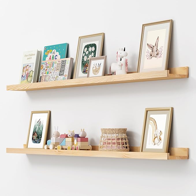 Picture Ledge Shelf, Floating Shelves Set of 2, Solid Ash Wood 56'' Long Large Nursery Book Shelves for Toys Storage, Kids Bookshelf for Living Room Bedroom Decor Books Photo Frames, Natural