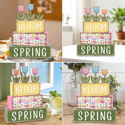 DIYDEC 6Pcs Spring Tabletop Decorations Tulip Wooden Block Signs Rustic Pastel Tulip Tiered Tray Decor Spring Centerpiece Farmhouse Wood Flower Table Sign for Kitchen Home Office Party Decor