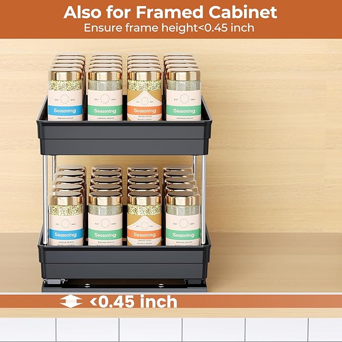 Pull Out Spice Rack Organizer for Cabinet, Slide Out Spice Racks Organizer, Easy to Install Spice Cabinet Organizers, 8.26''Wx10.62''Dx8.66''H, 2 Packs-2 Tiers (Black)