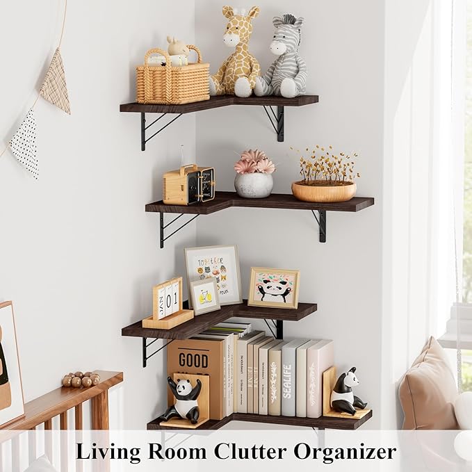 Love-KANKEI Corner Shelf Wall Mounted Set of 4, Floating Wall Shelves for Storage, Rustic Wood Hanging Shelves for Bathroom Kitchen Bedroom Living Room Display, Dark Brown