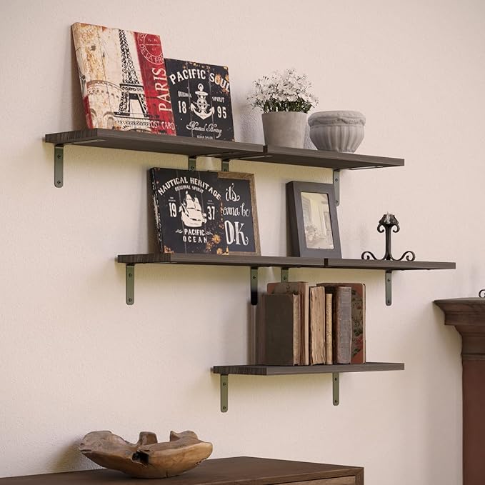 RICHER HOUSE Floating Shelves for Wall Décor, Rustic Wood Wall Mounted Shelves for Bedroom Set of 5, Farmhouse Shelf for Bathroom, Hanging Shelves for Storage - Deep Brown