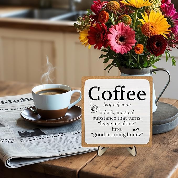 Funny Coffee Bar Decor – Rustic Wooden Sign for Coffee Station or Shelf, CoffeeShop Plaque, Funny Java Bar Decor for Home Cafe or Kitchen Counter 5.9x5.9inch