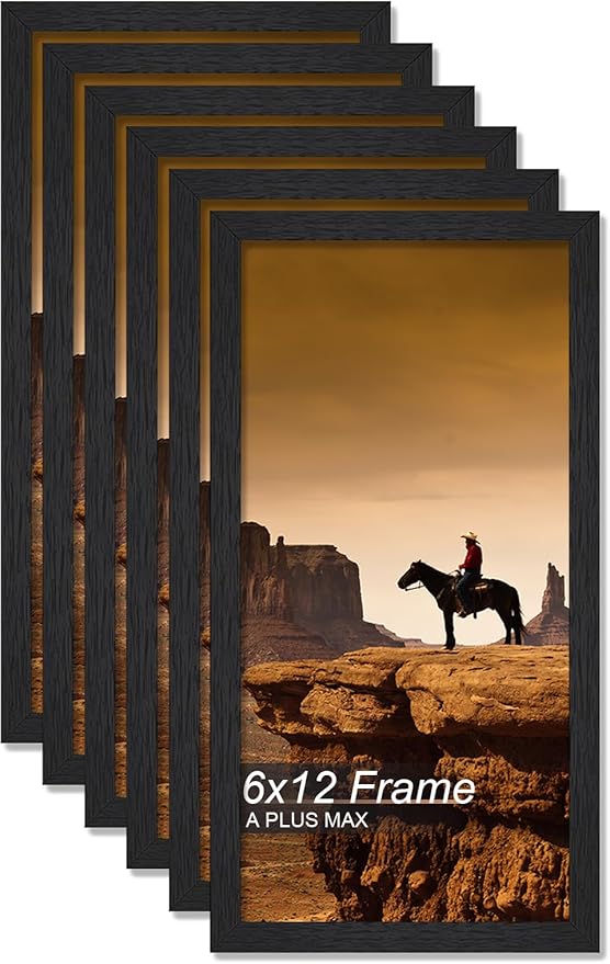 A PLUS MAX 6x12 Picture Frame Set of 6, Black Engineered Wood Frame for 6 x 12 Inch Picture Poster Photo, Light Weight 6 by 12 Frame with Wood-grain for Wall - 6 Pack/Black/6"x12"