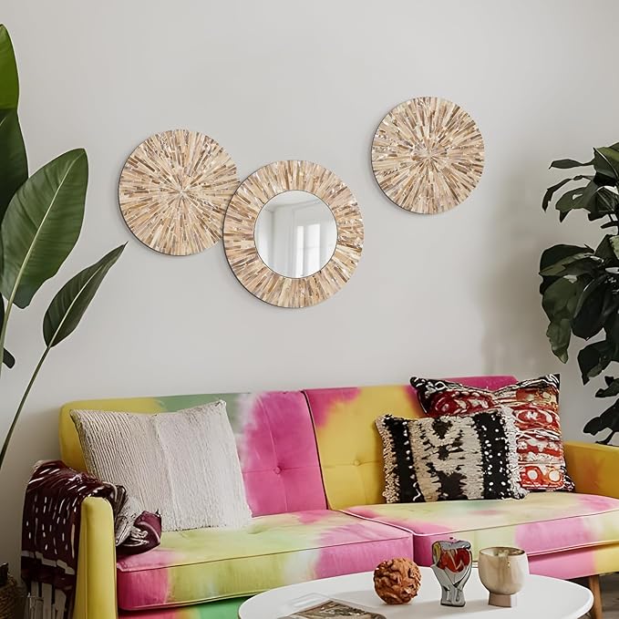 Boho Decorative Mirror for Living Room, 3PCS Handcrafted Mother of Pearl Mirror Wall Decor for Home Dorm Apartment Hallway Staircase, Mosaic Art Plates for Wedding Decoration (Dark Brown)