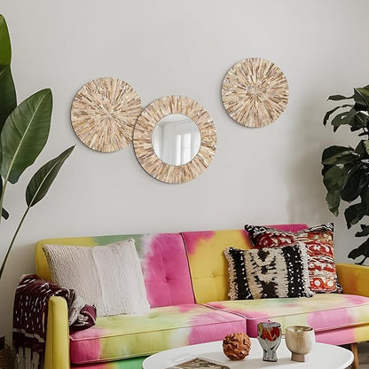 Boho Decorative Mirror for Living Room, 3PCS Handcrafted Mother of Pearl Mirror Wall Decor for Home Dorm Apartment Hallway Staircase, Mosaic Art Plates for Wedding Decoration (Dark Brown)